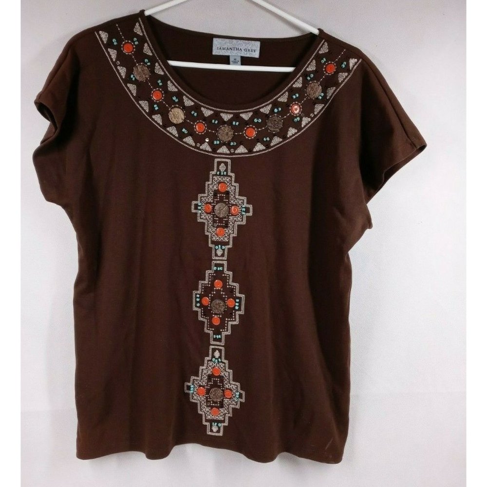 Samantha Grey Women's Brwn Beaded African Design Cap Sleeve Shirt Size Medium
